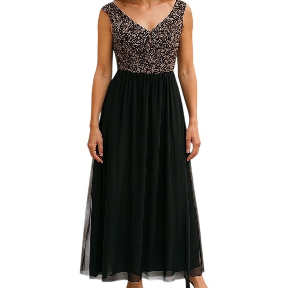 Candalite Womens Maxi Dress Black Lace Gold Sequin Tutu‎ Sleeveless Scoop Size S